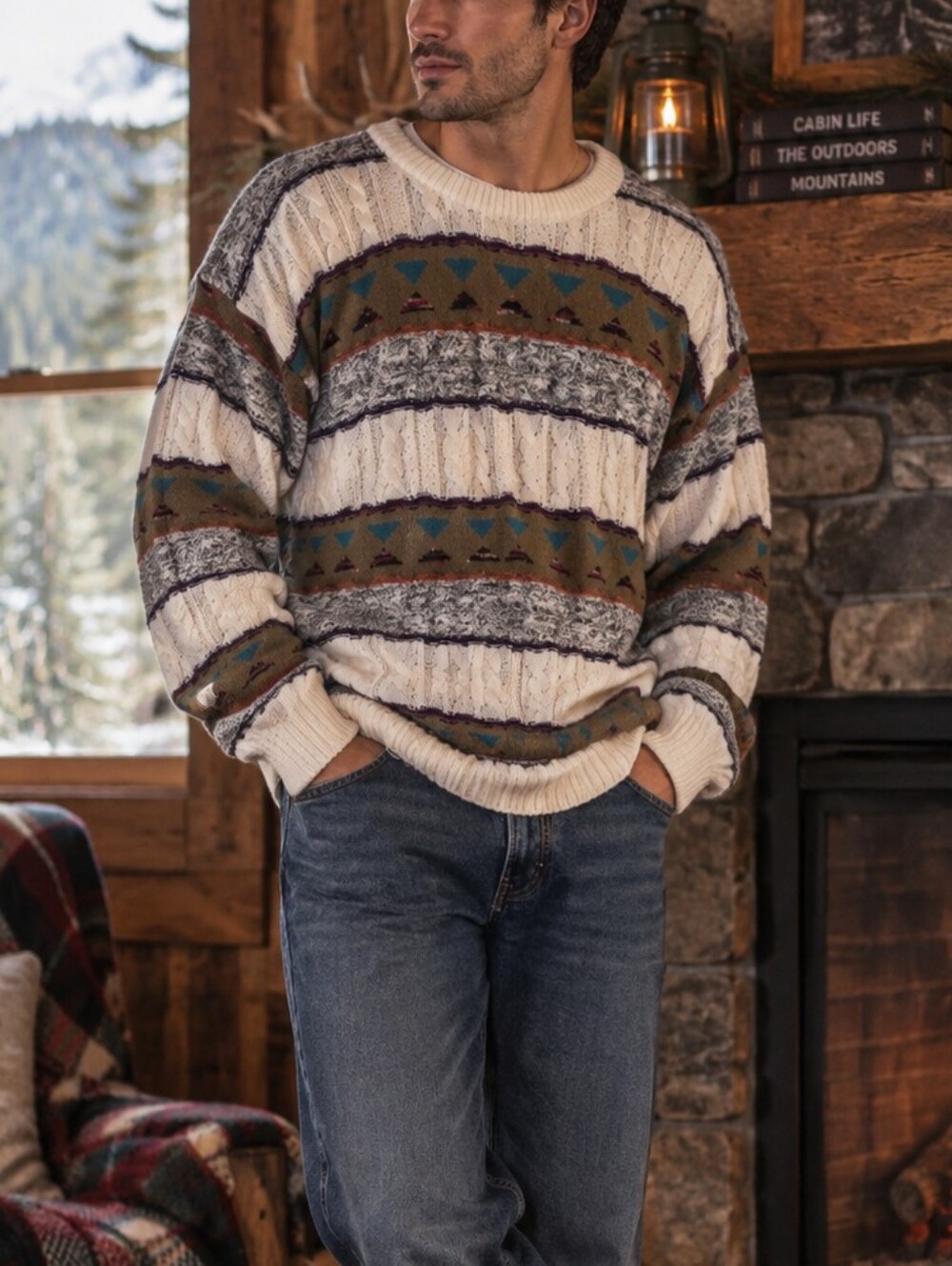Vintage North Country Eaton Men’s M Striped Cable Knit Sweater 90s